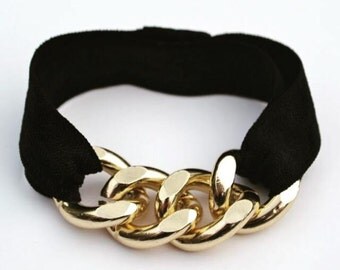 Gold Chunky Chain Black Elastic Hair Tie Bracelet Combo Stretch Elastic - Gold Curb Chain Arm Candy - Hair Accessories