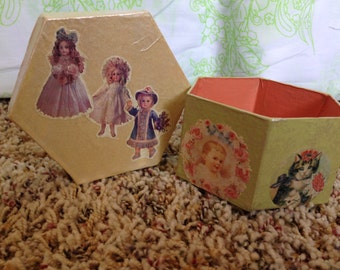 Small Papier Mache Decorated Gift Box, Hand Decoupaged. One of a Kind. 3.5" x 2". Ready to Ship