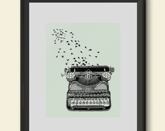 Freedom of Speech Poster Print Typewriter and Birds Writers Inspiration Hand Drawn Giclee Wall Art Home Dorm Room Office Decor Gift