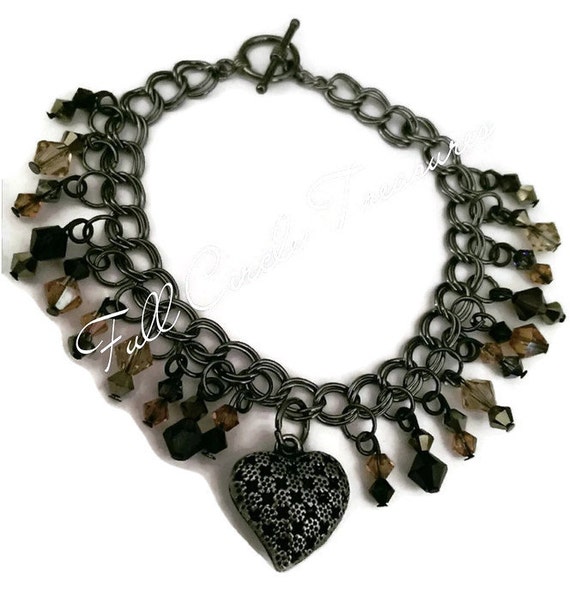 Steampunk heart and crystal bracelet, gift for her, original design, elegant, ooak, classy, 7 1/2" Bracelet with crystals and a heart by FullCircleTreasures steampunk buy now online