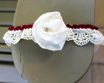 Bridal Lace Garter -Lace Wedding Garter, Christmas Wedding Garter, Ivory Garter, Off White, Lace Garter Wedding, Red Garter Belt, Flower