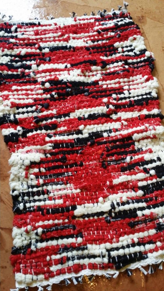 Red Black and white handwoven Rustic Rug Floor by JessieMayDesigns