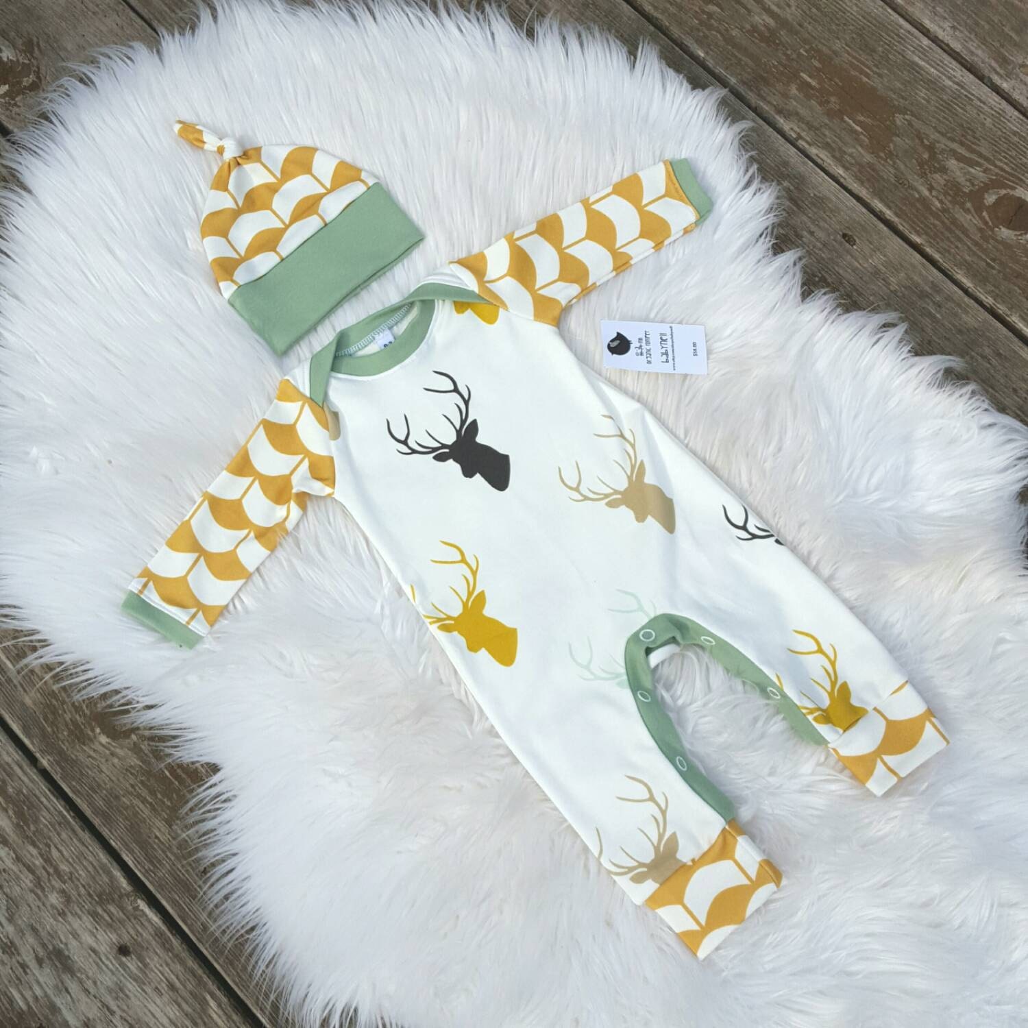 Organic baby romper with hat set. Take home outfit. Baby boy.