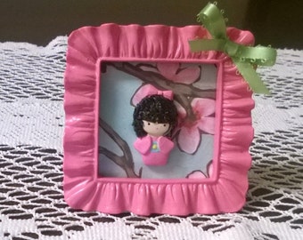 Kokeshi Doll in a Frame Polymer Clay Ooak Figurine Decoration Gift Home Decor Kawaii Pink Girl