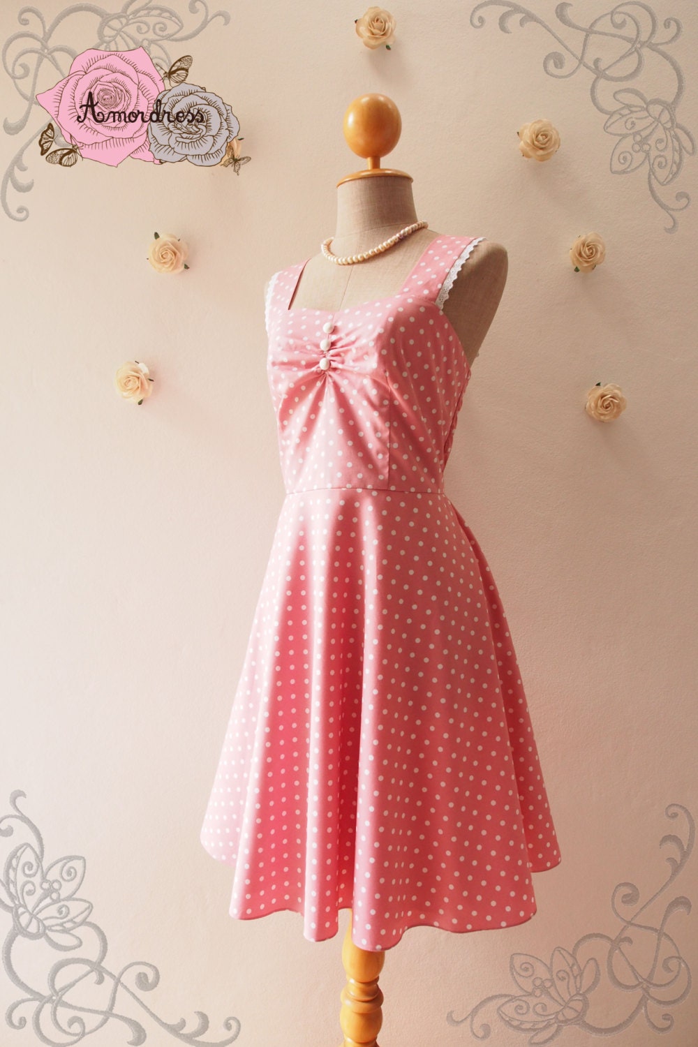 SALE Size S Pink Dress Pink Tea Dress Polka Dot Dress Pink