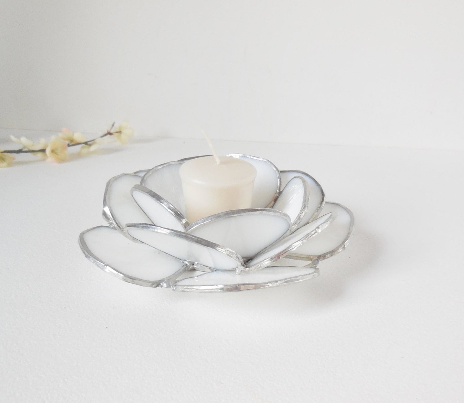 White Glass Rose Stained Glass Votive White Candle Holder