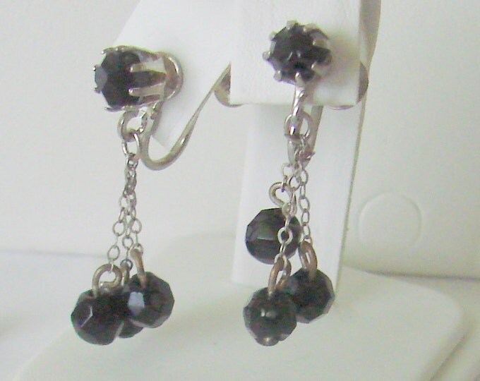 Vintage Sterling Black Glass Bead Necklace & Earrings / Chandelier / Demi Parure / Screw Backs / Jewelry / Jewellery