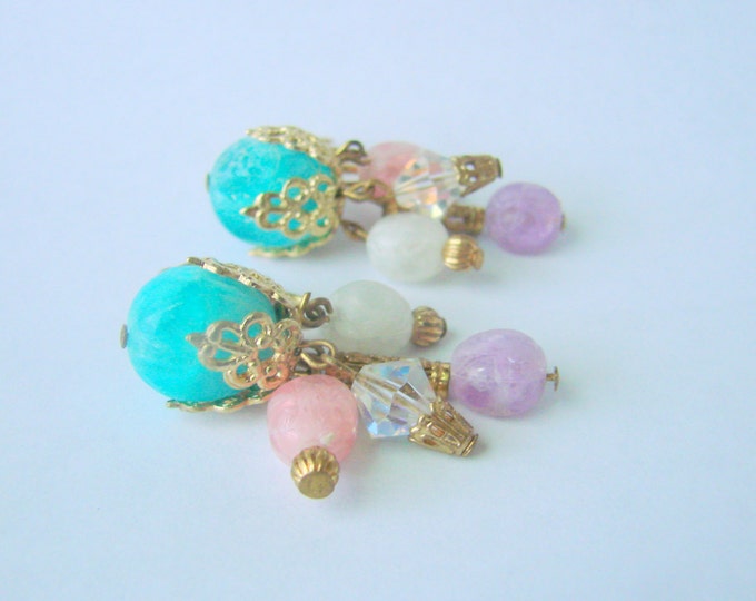 Ornate Pastel Lucite Chandelier Earrings / Crystal / Multi Color / Clips / Jewelry / Jewellery