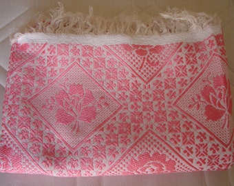 vintage French bedding, shimmery pink roses on white background,raised design bedspread or throw 62'' x 91'' (plus 4'' fringe)