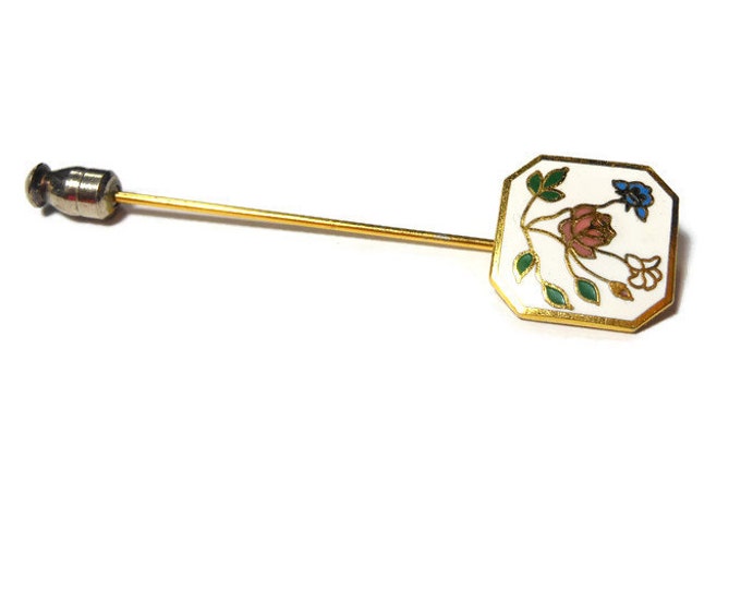 Cloisonné floral stickpin, signed Duerr, stick pin, hat pin, gold lapel pin, rose floral on white background