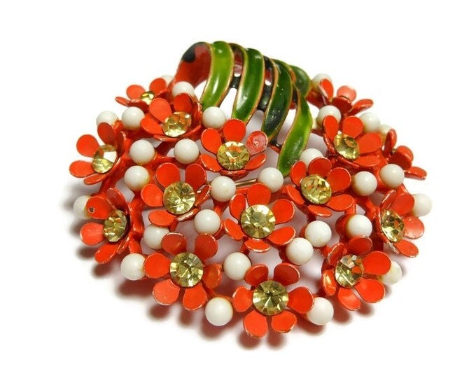 FREE SHIPPING Orange bouquet brooch, vibrant floral pin, orange flowers, yellow rhinestones with white beads and topped with green leaves