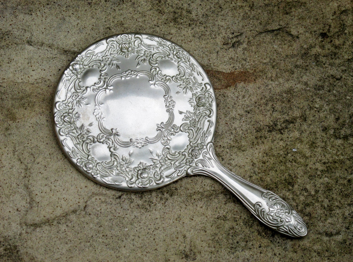1950s Ladies Hand Mirror with Ornate Silver Design Vintage