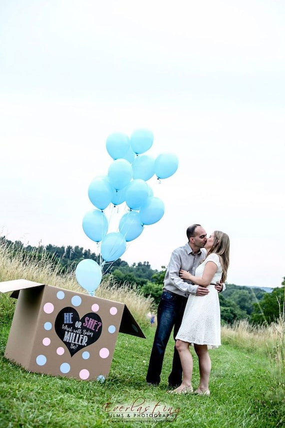 CUSTOM He or She last name gender reveal balloon box sign