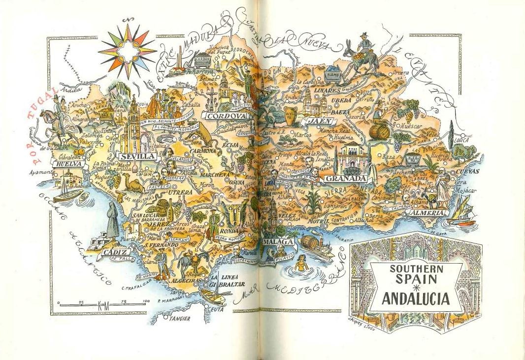 Southern Spain Map / Old Book Illustration / Vintage by HildaLea