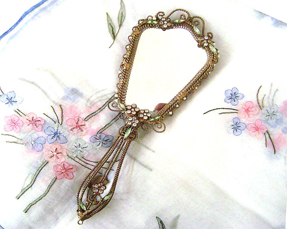 Vintage Jeweled Hand Mirror Gilt Filigree Vanity Mirror Pink