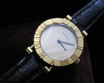 Tiffany & Co Atlas 18k Gold Watch Vintage Women's Wristwatch Leather Strap Round Roman Numerals Gold Dial Eighteen Karat Designer Original