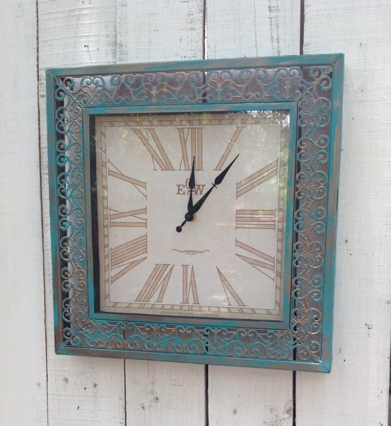 Large Metal Filigree Wall Clock Turquoise by ReFeatherYourNest