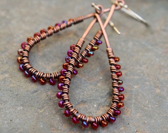 Teardrop Earrings, Oxidized Teardrops, Magenta Earrings, Wire Jewelry, Copper Jewelry, Lightweight Earrings, Wire Wrapped, Seed Bead Earring