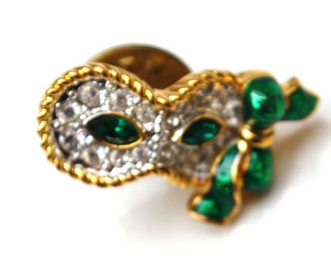 Swarovski Mask Pin rhinestone and green enamel