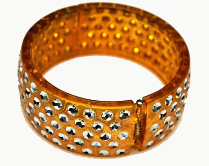 Celluloid Bangle -Sparkle Rhinestone - Amber yellow orange - Apple juice -Hinged Bracelet