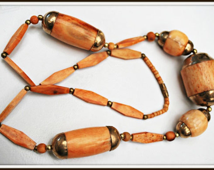 Boho Necklace Chunky Brass and Orange Bone bead Hippie Funky Tribal necklace