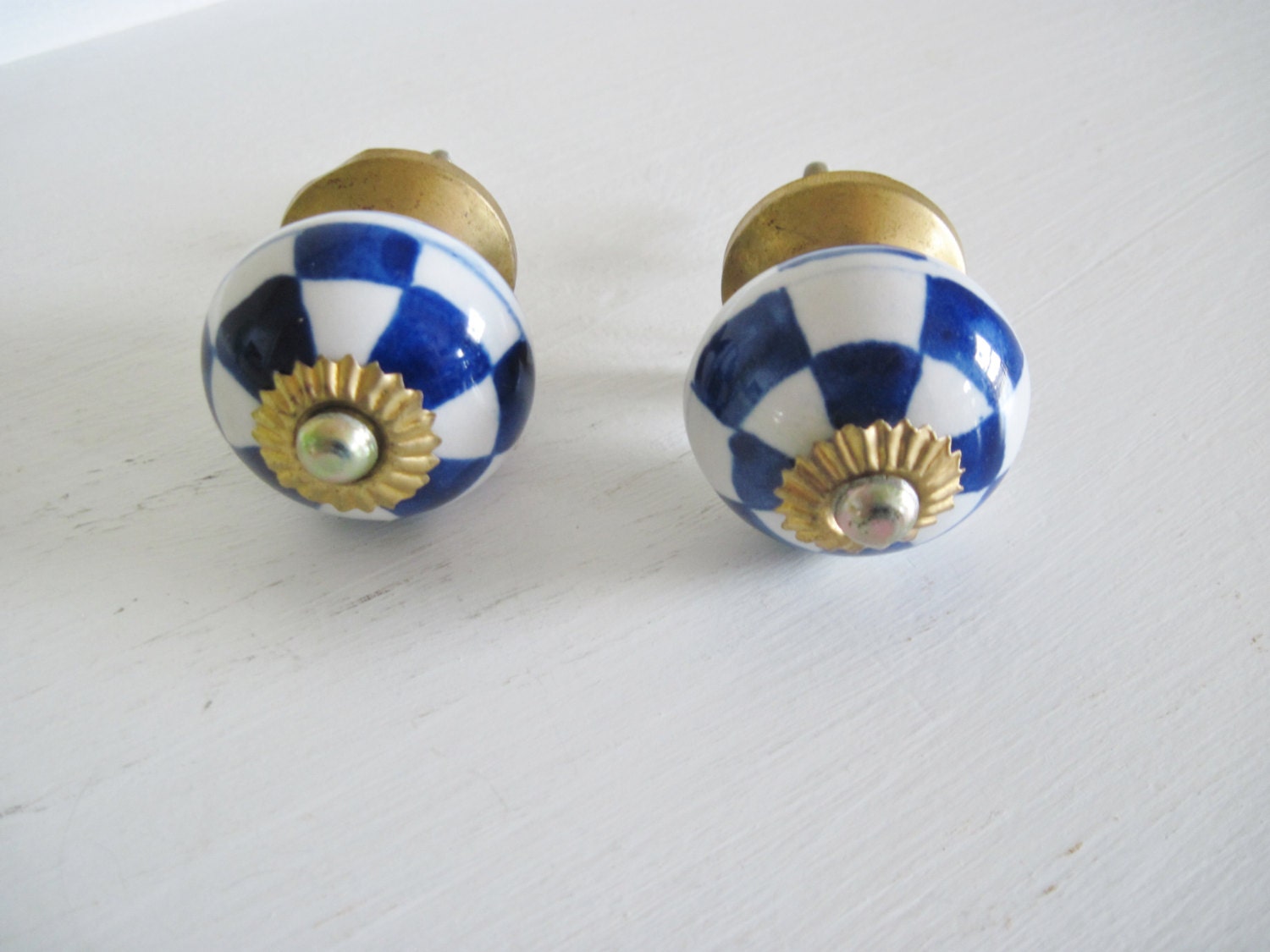 Ceramic Drawer Pulls Knobs Pair of Blue and White Checkered