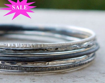 Silver bangles set of 7, skinny stacking bangles, hammered bangles, silver bangles bracelet, silve bracelet. SALES 15%OFF