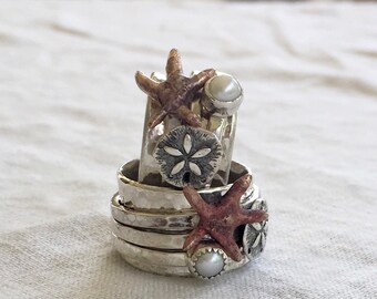 Sterling Silver Beach Spinner Ring Ocean Sand Dollar Starfish Turquoise or Pearl Beach Wedding Band by ShesSoWitte