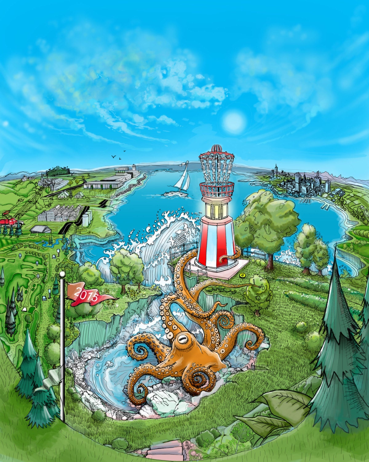 Disc golf art Lighthouse Basket. Disc Golf Art Print. Disc