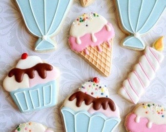 Ice cream cone & Sundae birthday cookies with sprinkles - One Dozen Decorated Sugar Cookies - Perfect for sweet tables or favors