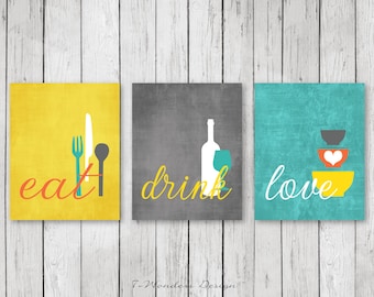 Kitchen Wall Art Print Set - Eat Drink Love - Coral, Turquoise, Mustard, White // Modern Kitchen Decor // Set of (3) Many Sizes // Unframed