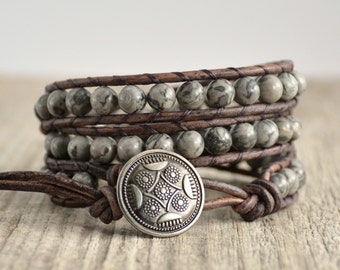 Triple wrap bracelet. Grey beaded leather wrap bracelet