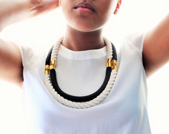Two Black and White Marine Cord Statement Necklace
