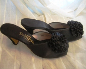 Pair of Vintage Black Satin Peep Toe Boudoir Mules, Daniel Green, ca 1950s