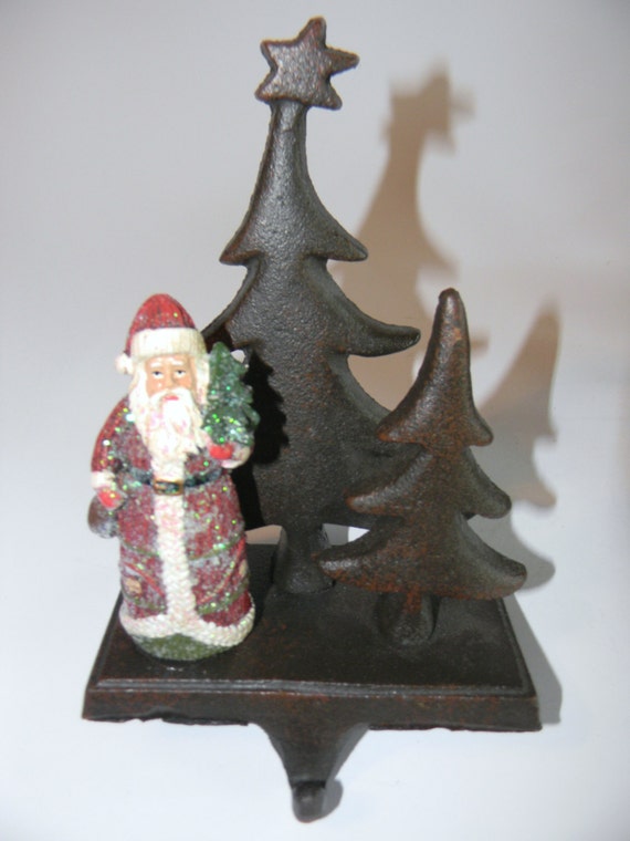 Cast Iron Christmas Stocking Holder with Resin Glitter Santa