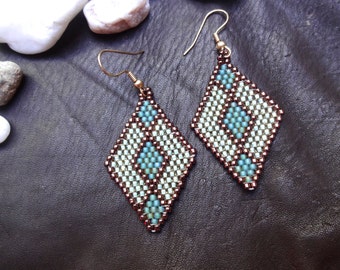 Native American style/Art deco style beaded earring, turquoise and bronze