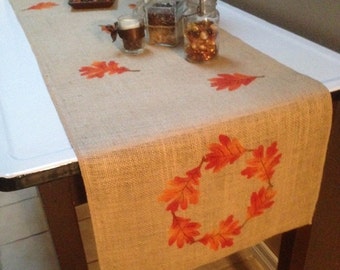 Burlap Table Runner 12", 14" or 15" wide with a leaf border & leaves scattered throughout - Holiday decorating Fall runner Thanksgiving