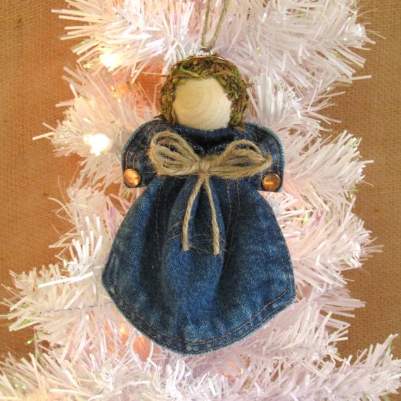 Upcycled Denim Angel Christmas Tree Ornament Denim Pocket