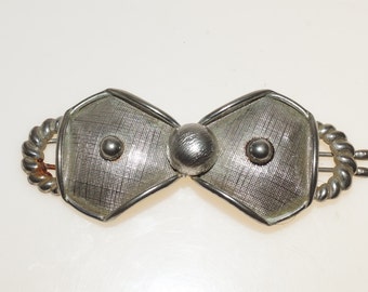 Stylish Embossed Silver Plate Hair Bow Clip Industrial 50s
