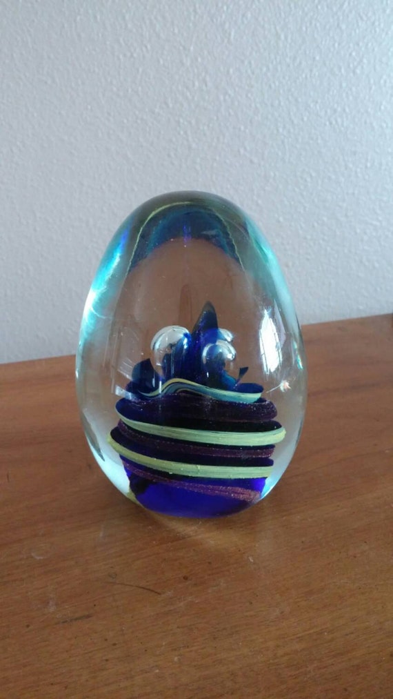 On Sale Collectible Glass Murano Crystal Blue and Green Egg