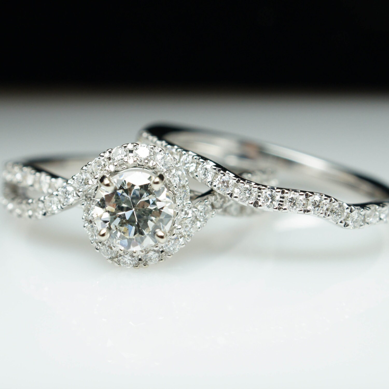 Diamond Halo Swirl Engagement Ring & Wedding Band Set 14k
