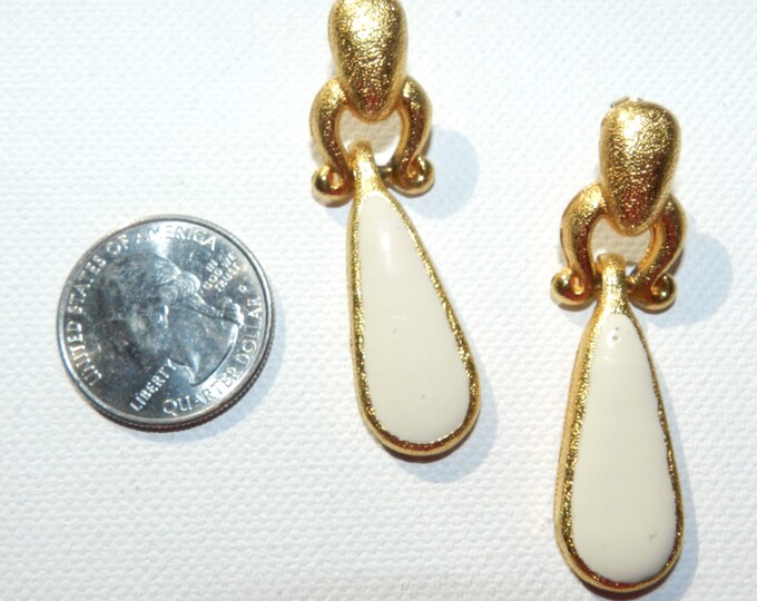 Vintage Anne Klein Earrings, Anne Klein Dangle Door Knocker Earrings, Enamel Brushed Gold, Wedding Jewelry, Post Pierced