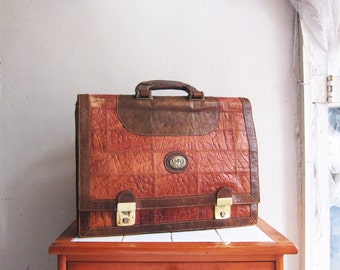 Vintage tan leather patchwork handbag satchel briefcase suitcase hand carry luggage messenger bag