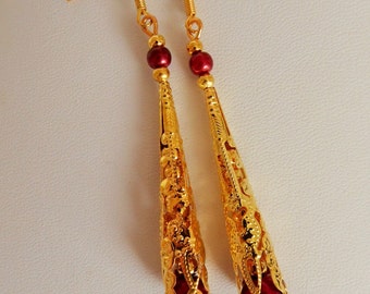 Large Coned Vintage Style gold Filigree & Pearl Drop Earrings red glass bead