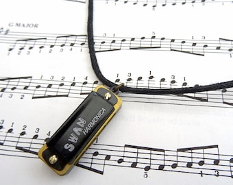 Harmonica necklace - black cord - real working playable mini harmonica