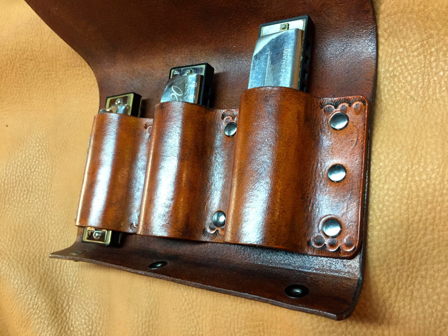 Customize your Leather Harmonica Case Holds 3 Harmonicas