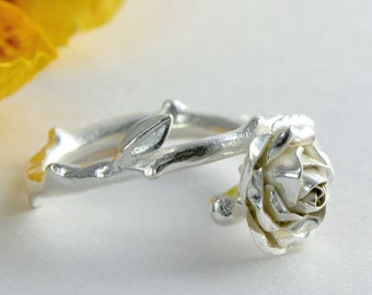 Silver Rose Ring - Sterling Silver Flower Engagement Ring - Floral Statement Ring
