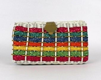 Wicker Handbag - Multicolor Rainbow Purse - Vintage 1970s Chain Strap Bag
