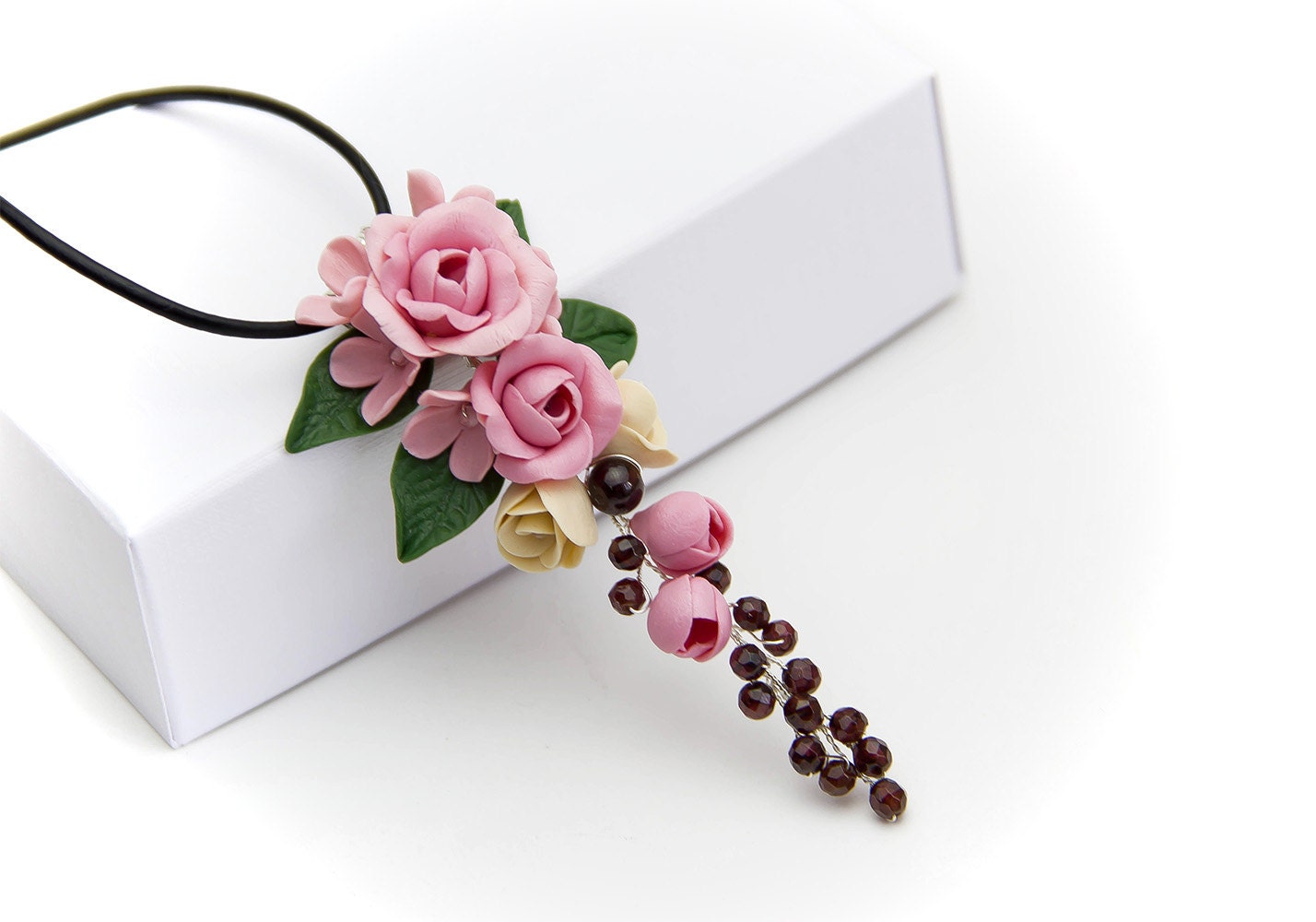 Floral Pendant polymer clay flower pink necklace clay