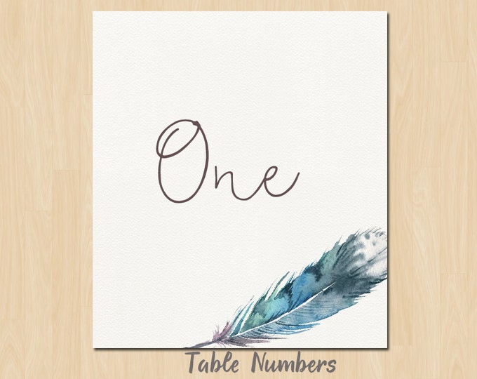 Printable Wedding Table Numbers, Bohemian Feather Watercolor, Blue & Brown, Table Number Signs, DIY Printable, Feathers